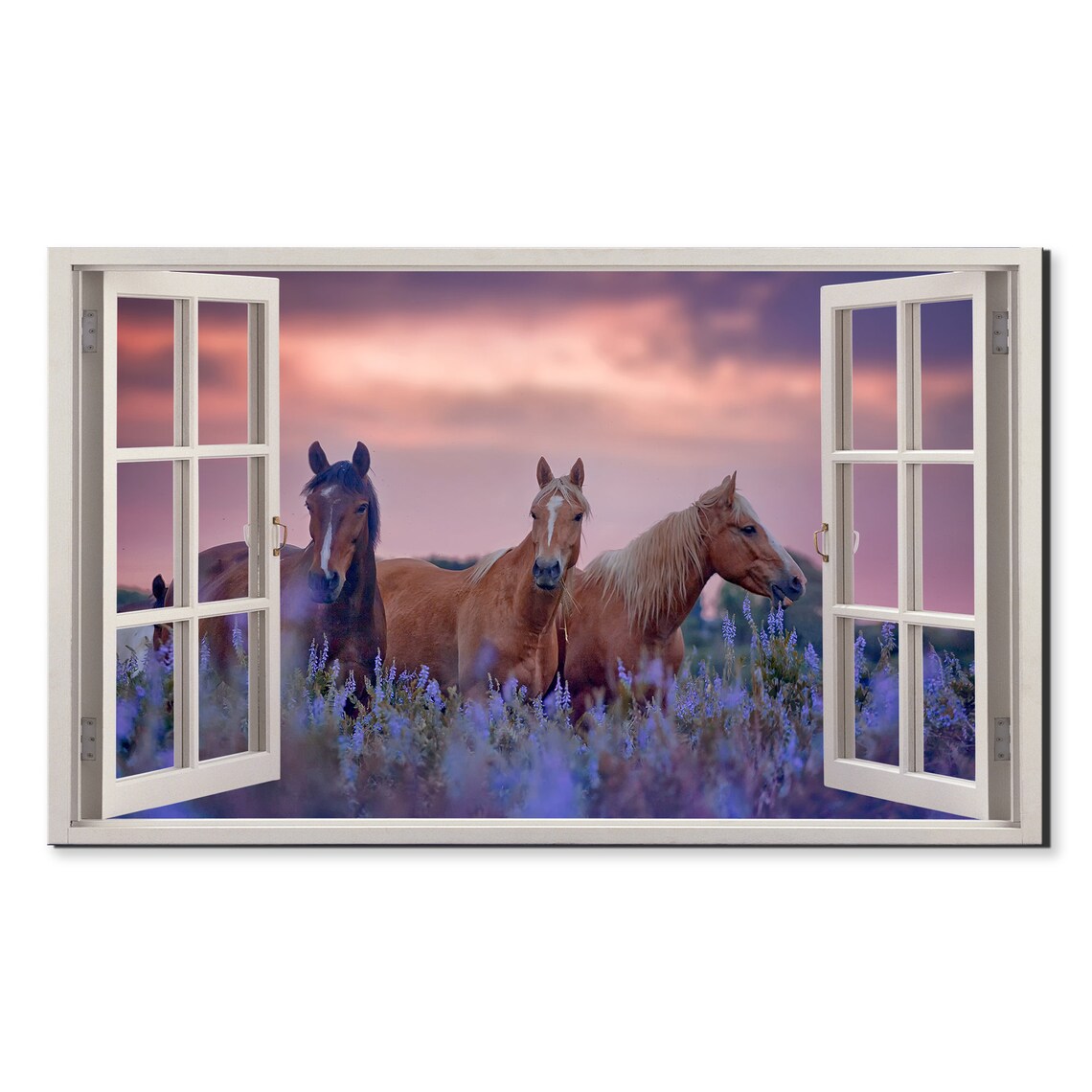 Horses In Purple Wildflower Field Sunset Window View Wall Art Poster