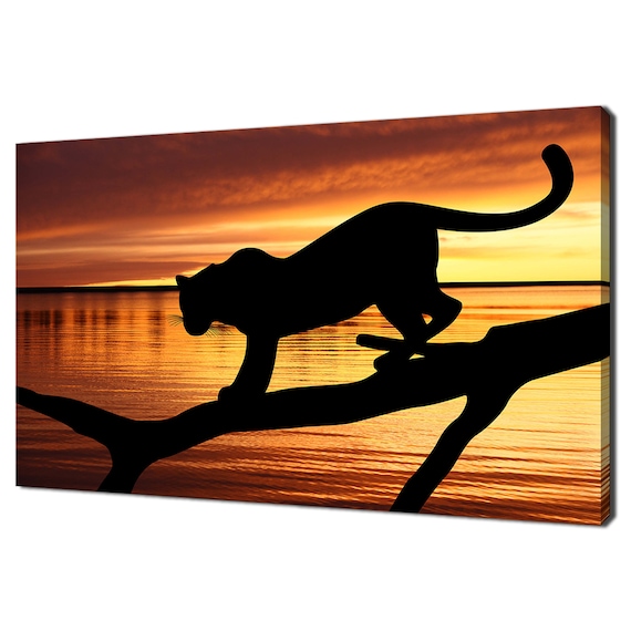 Black Panther Silhouette Tree Branch Fiery Orange Sunset Wildlife Wall Poster