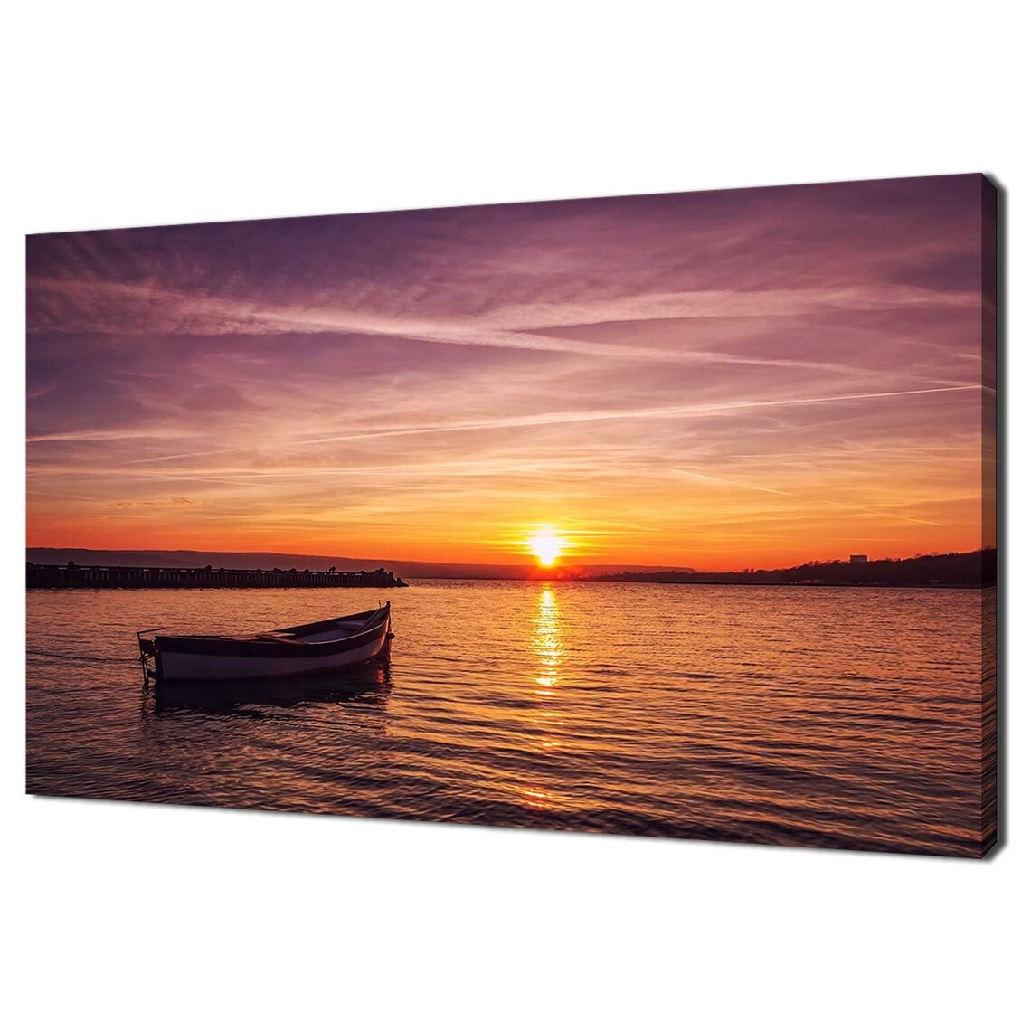 Rowboat On Calm Sea Sunset Orange Purple Sky Ocean View Travel Poster