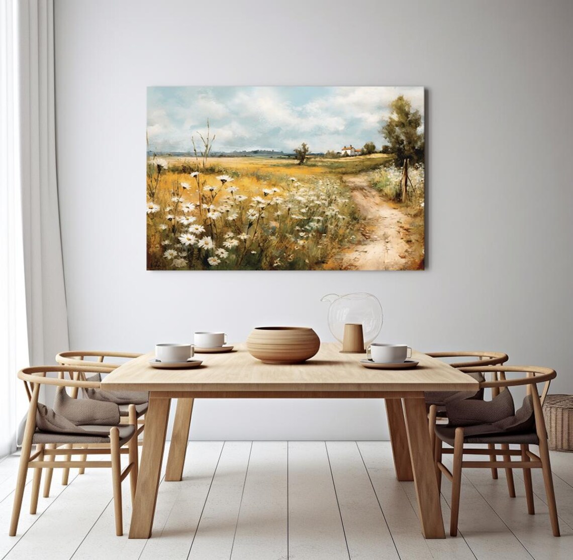 White Daisies Along Dirt Path Farmhouse Golden Field Vintage Poster - Image 3