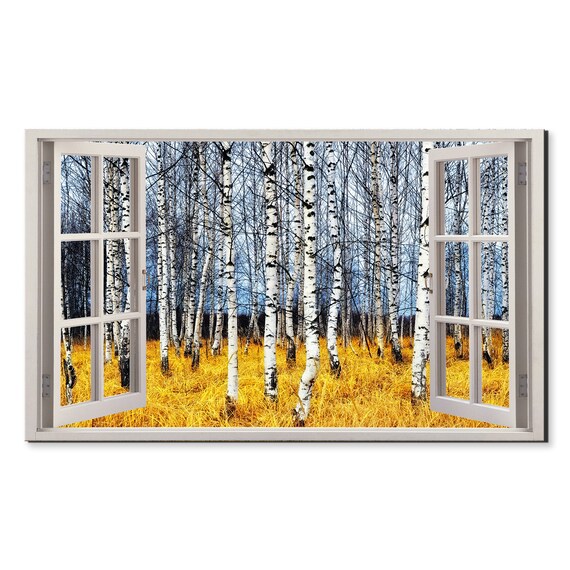 Birch Trees Grove Forest Trees Window View Window Frame Style Modern Design Home Decor Print Wall Art Picture Ready To Hang