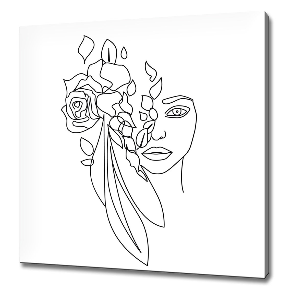 One Line Art Woman Face With Roses Minimalist Floral Sketch Wall Print