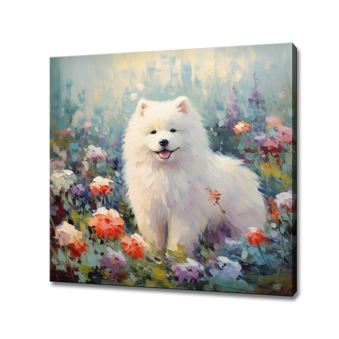 Fluffy White Samoyed Dog In Flower Field Colorful Pet Portrait Poster