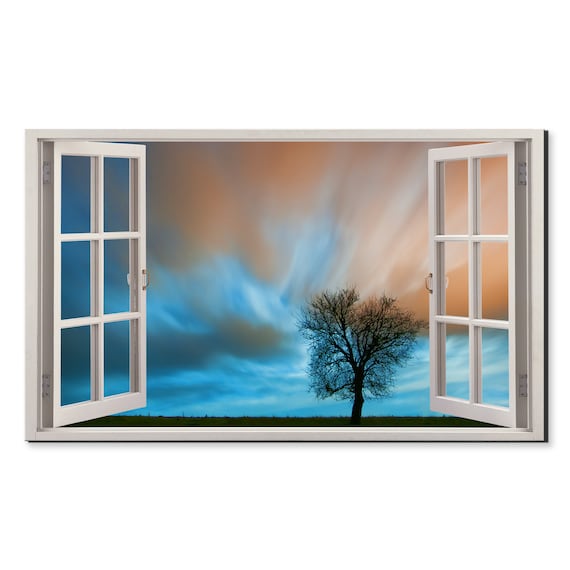 Lonely Tree Under Blue Cloudy Sky Window View Window Frame Style Modern Design Home Decor Print Wall Art Picture Ready To Hang