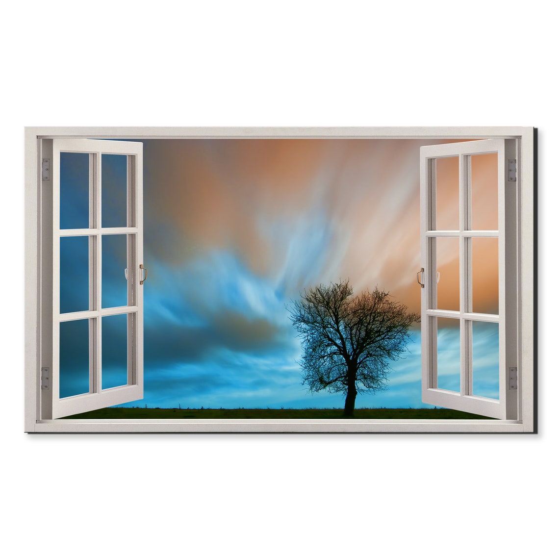 Lonely Tree Sunset Sky Open Window Illusion Landscape Wall Art