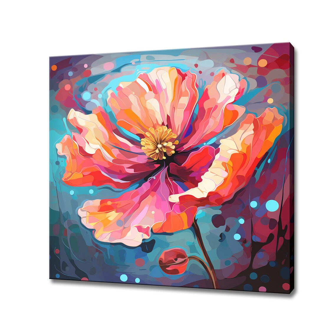Giant Red Pink Poppy Flower Blue Background Stylized Floral Art Poster