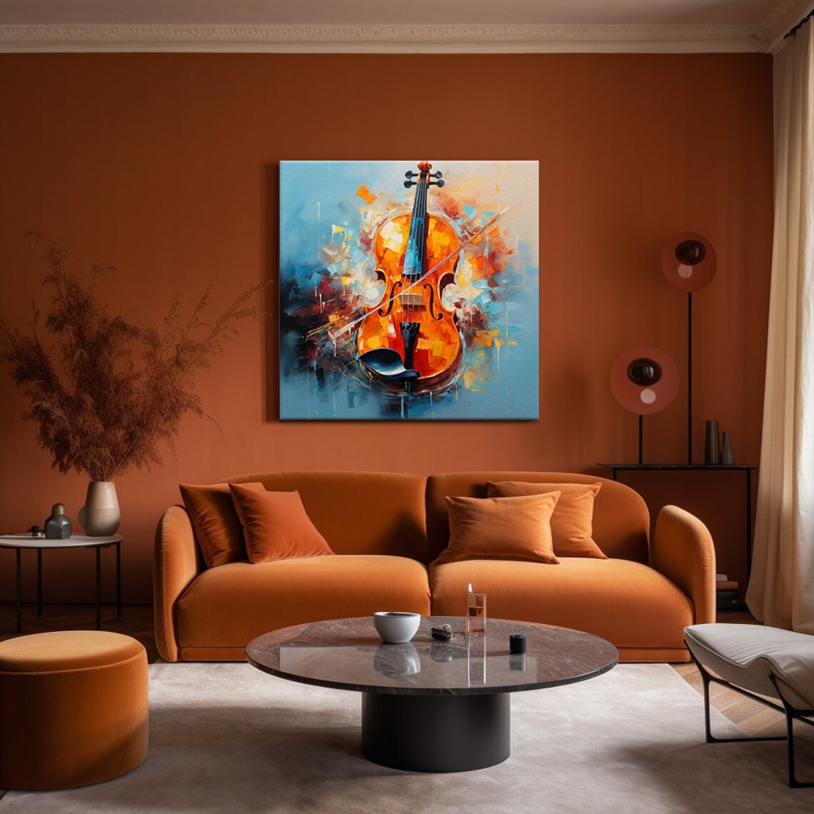 Orange Violin Abstract Brushstroke Oil Painting Musical Instrument Wall Art - Image 2