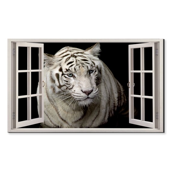 White Tiger Portrait Open Window Frame View Majestic Big Cat Wall Art