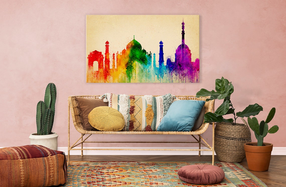 Delhi India Rainbow Watercolour Skyline India Gate Landmarks Poster - Image 2