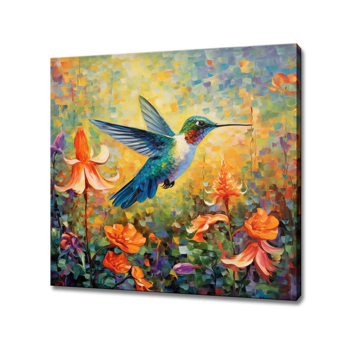 Hummingbird In Flight Orange Flowers Colourful Painterly Bird Poster