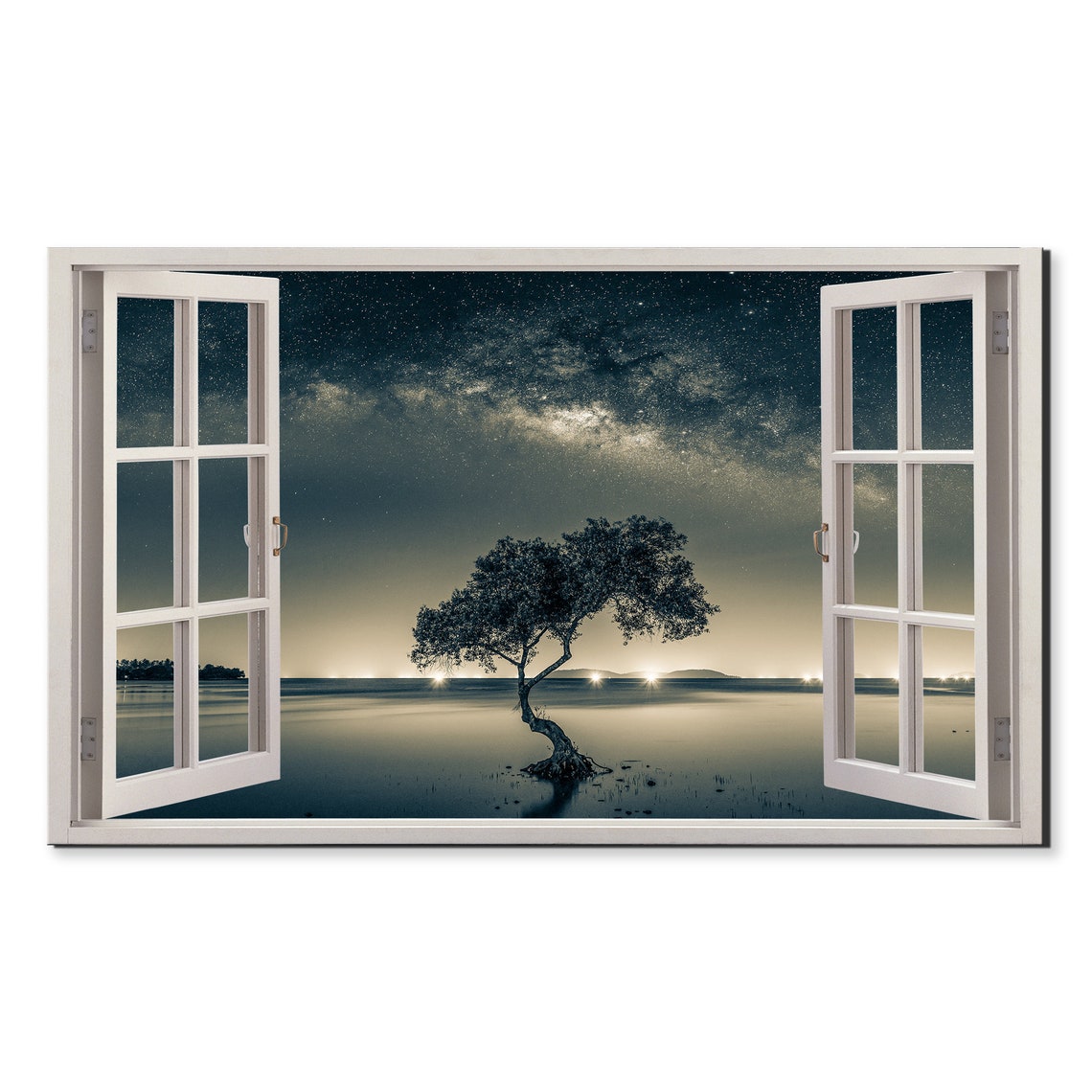 Lone Tree Under Milky Way Night Sky Beach Starfield Window View Poster