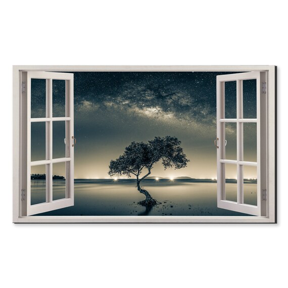 Starry Night Over The Tree Lake Window View Window Frame Style Modern Design Home Decor Print Wall Art Picture Ready To Hang