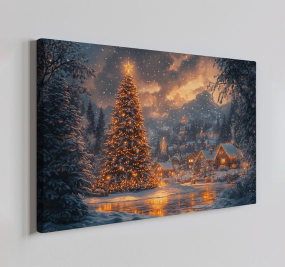 Magical Christmas Tree Village, Vintage Art Print
