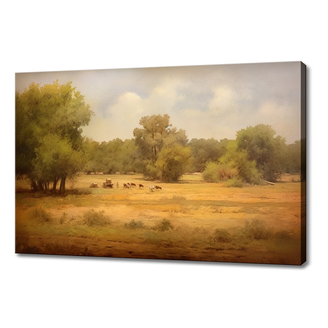 Cows Grazing In Golden Pasture Wagon Vintage Countryside Art Poster
