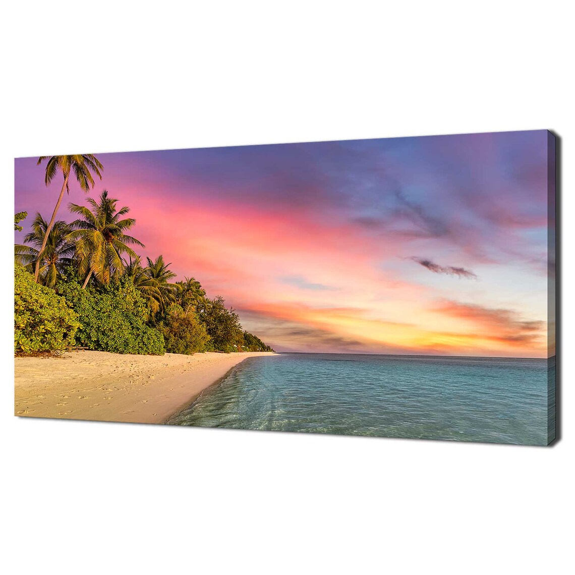 Tropical Beach Sunset Palm Trees Turquoise Sea Pink Sky Travel Poster