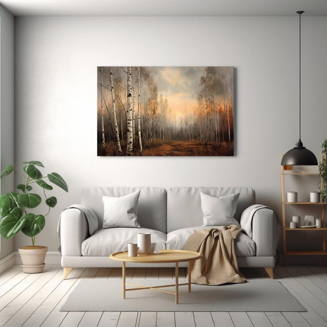 Autumn Birch Forest Misty Sunset White Trunks Nature Landscape Poster - Image 2