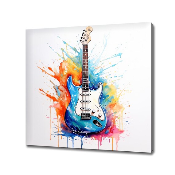 Blue Electric Guitar Watercolor Splash Colorful Music Instrument Poster