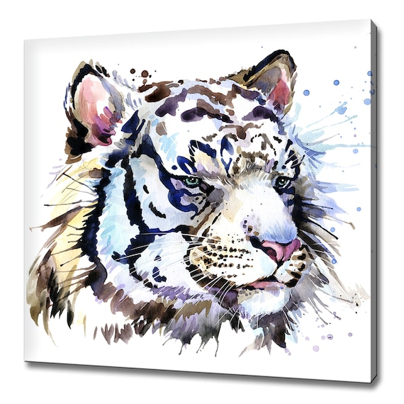 White Tiger Watercolor Paint Splatter Portrait Expressive Animal Wall Art Poster