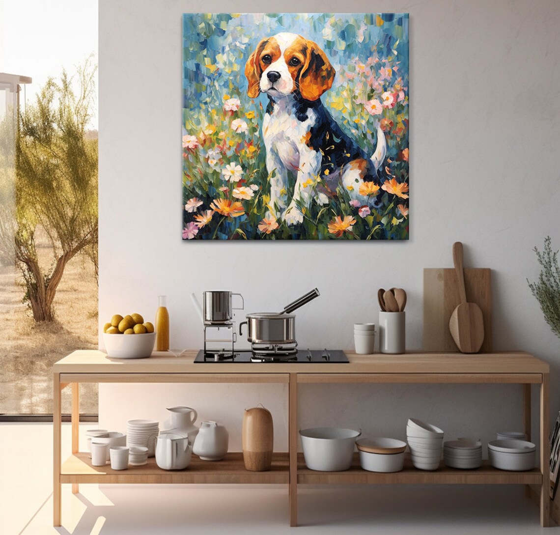 Cute Beagle Puppy In Colorful Flower Garden Painting Pet Art Print - Image 2