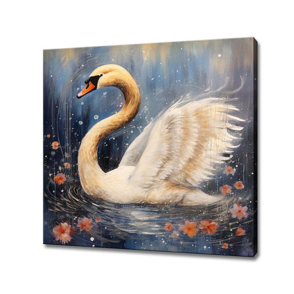 Majestic White Swan Spreading Wings on Dark Blue Water Poster