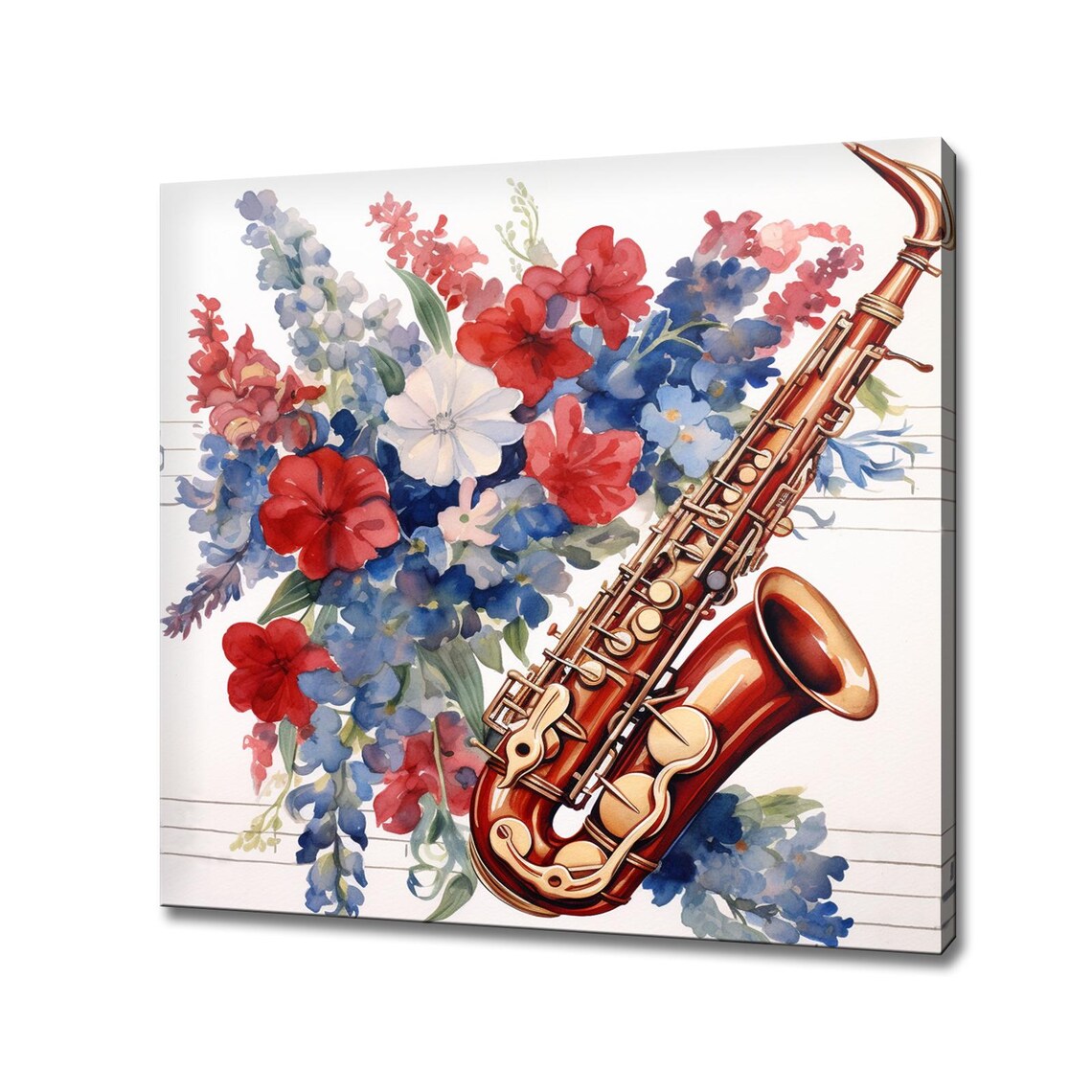 Saxophone With Red Blue Flowers Watercolor Music Lover Gift Art Print