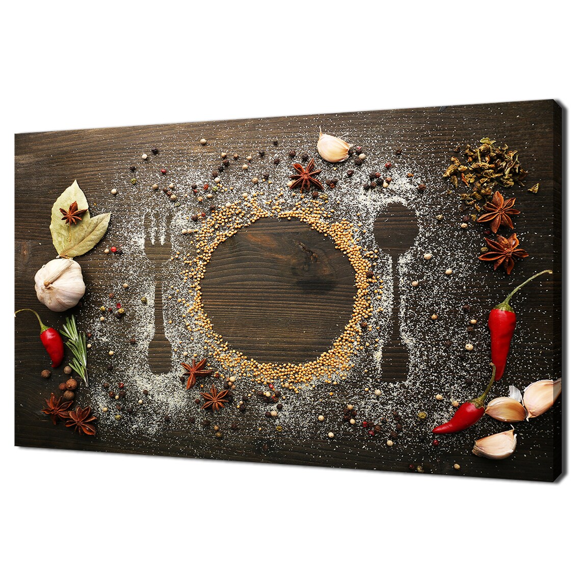 Spices Tabletop Plate Fork Spoon Dark Wood Kitchen Food Art Poster