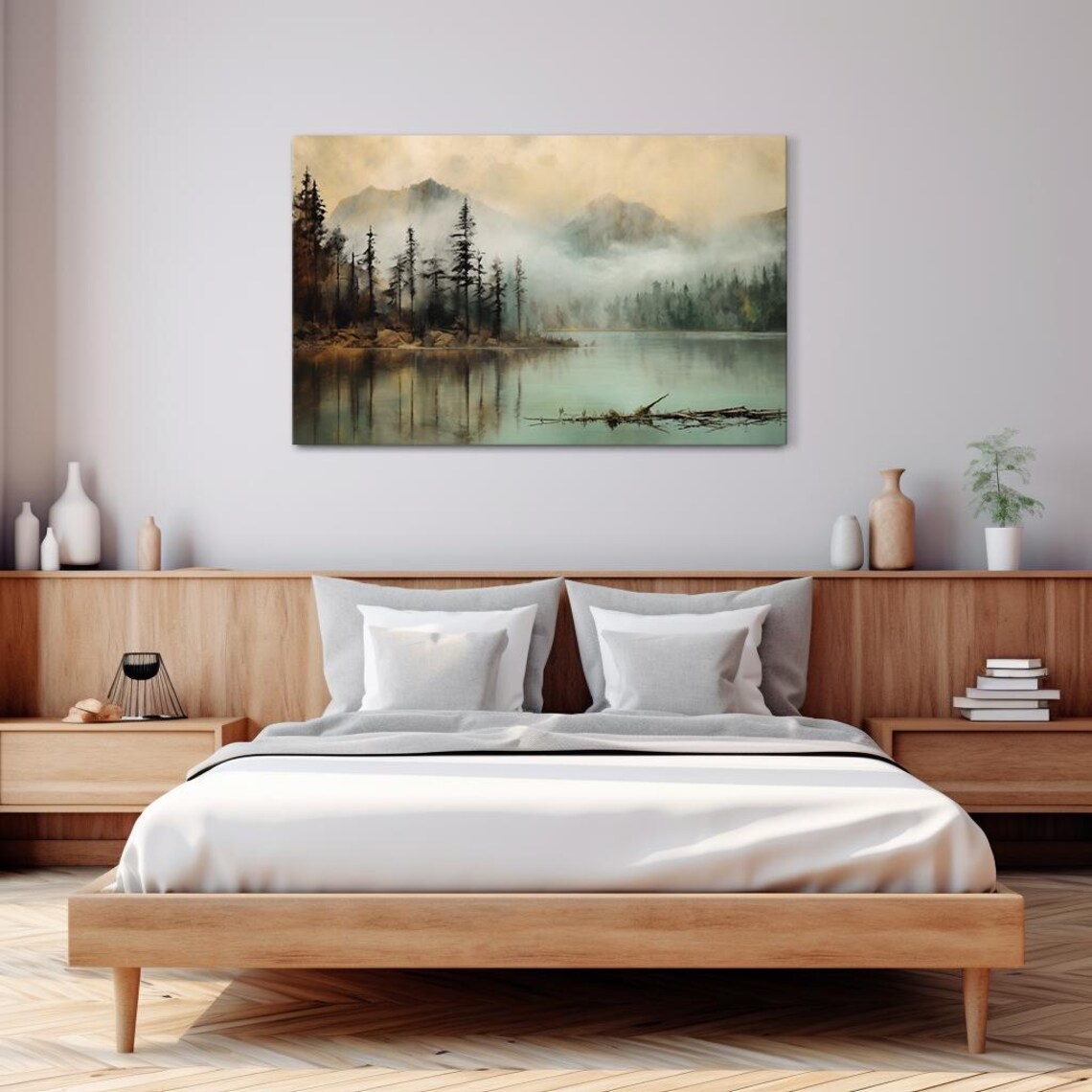 Misty Mountain Lake Pine Forest Morning Calm Landscape Painting Poster - Image 3