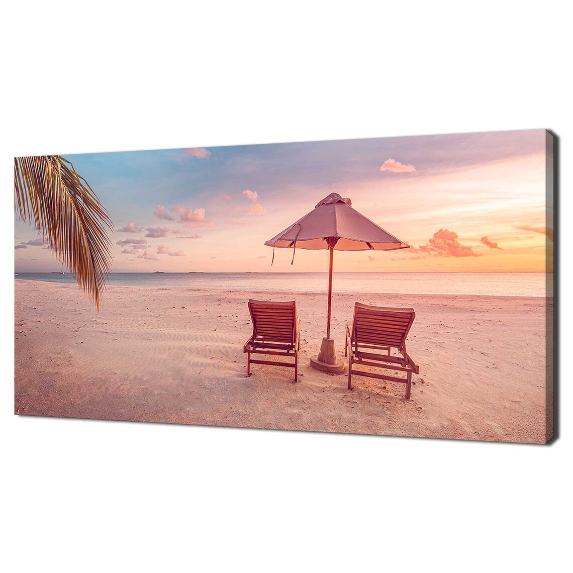Calm Tropical Beach Sunset Umbrella Loungers Palm Frond Travel Poster