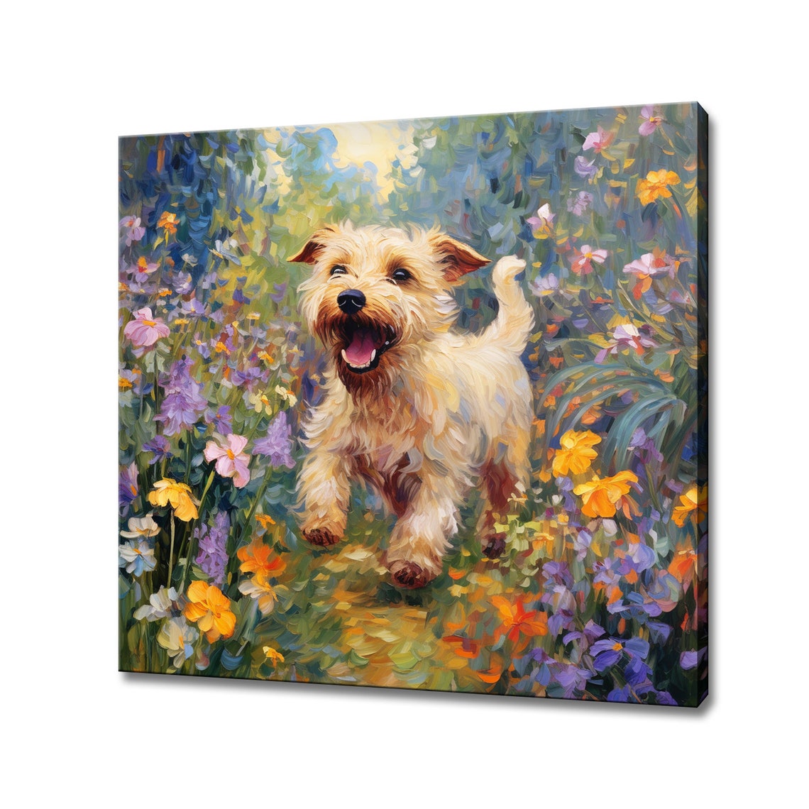 Happy Terrier Puppy Running Through Wildflower Meadow Poster