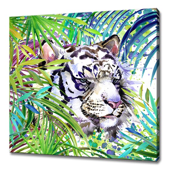 White Tiger Watercolor Among Colorful Tropical Leaves Jungle Wall Art