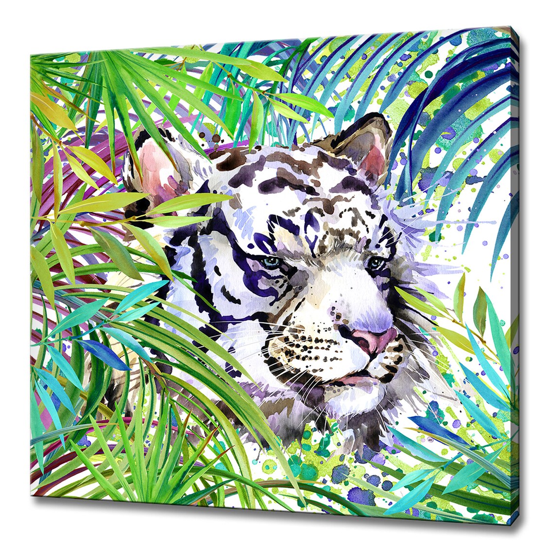 White Tiger Watercolor Among Colorful Tropical Leaves Jungle Wall Art