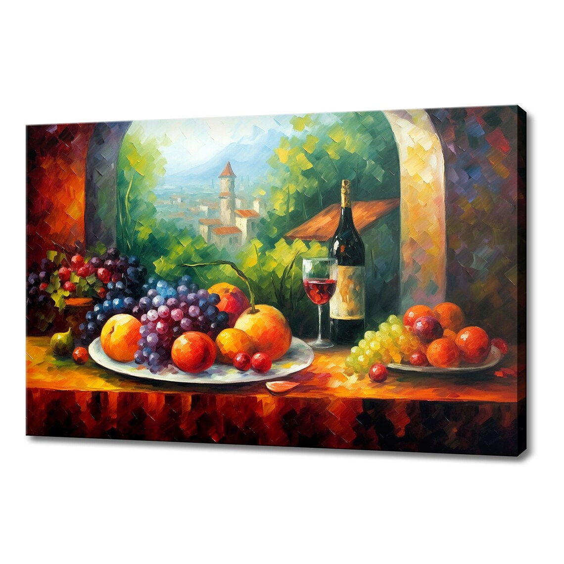Wine Bottle Grapes Fruit Still Life Tuscan Village View Oil Art Poster