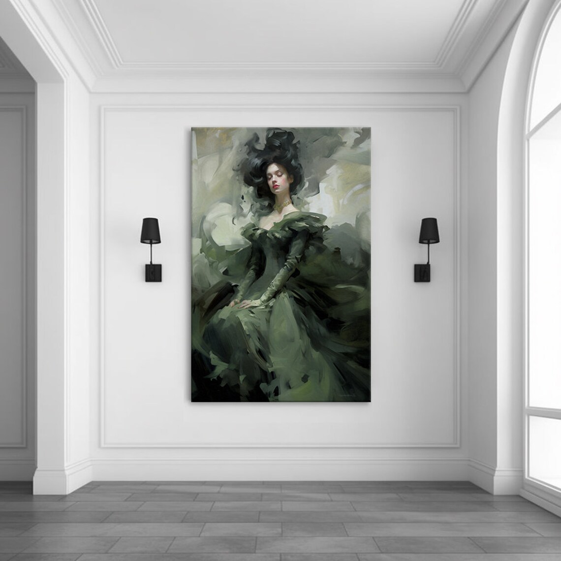 Elegant Lady In Green Victorian Baroque Gown Seated Portrait Wall Art - Image 3