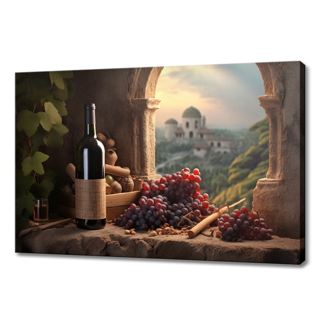 Red Wine Bottle Grapes Stone Window Tuscany Villa View Kitchen Print