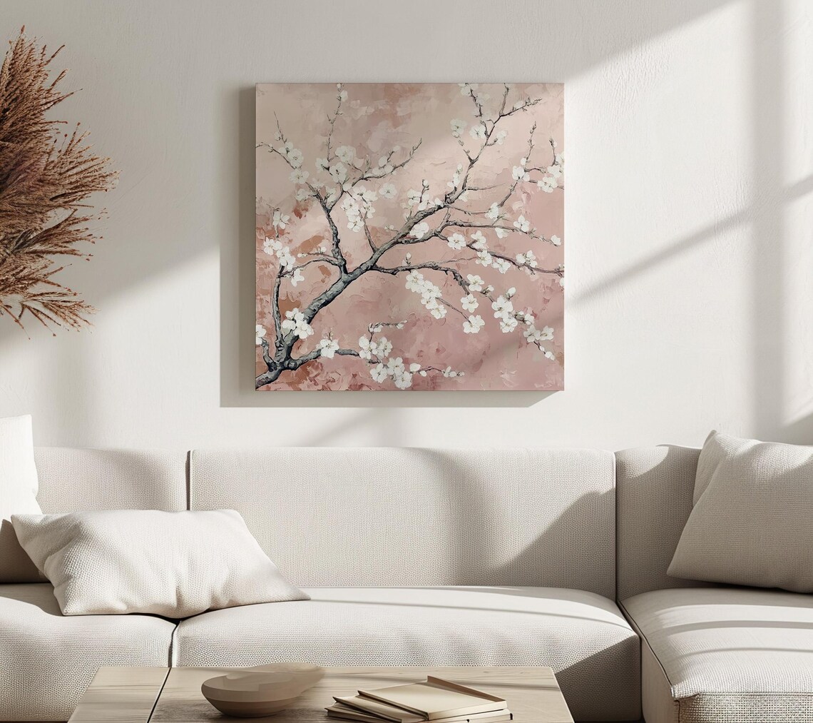 White Almond Blossom Branches Blush Pink Vintage Floral Wall Print - Image 2