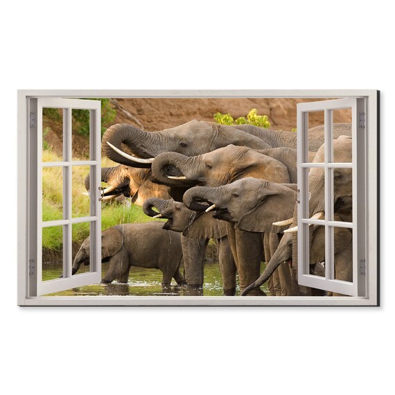 African Elephants Waterhole Window Illusion Open Window Nature Poster