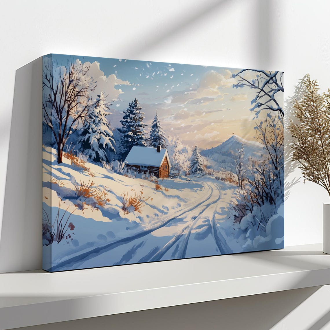 Cozy Log Cabin Snowy Mountain Valley Golden Hour Winter Scene Poster - Image 4