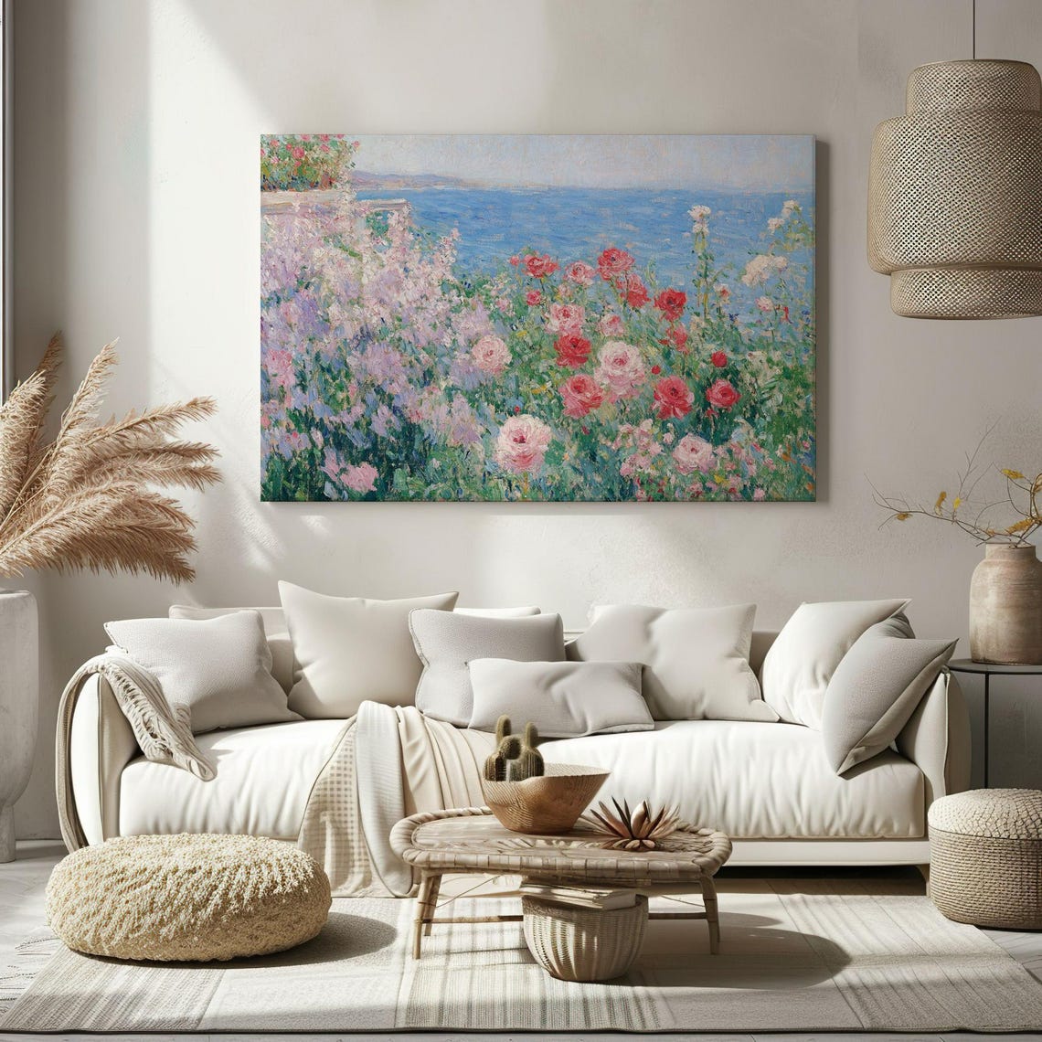 Coastal Garden Roses Sea Impressionist Floral Landscape Print - Image 2