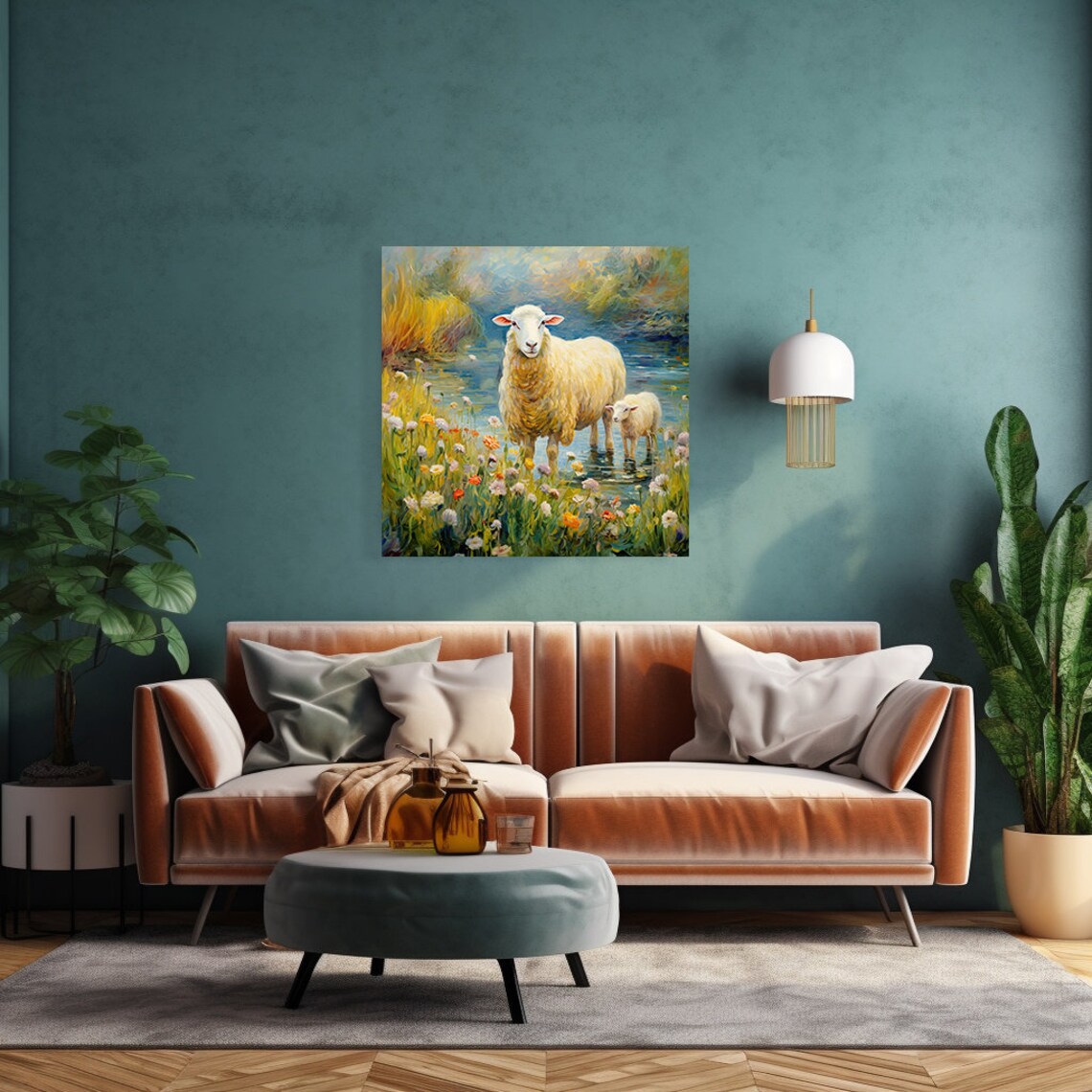 Mother Sheep And Lamb Wading River Colorful Farm Animal Poster - Image 2