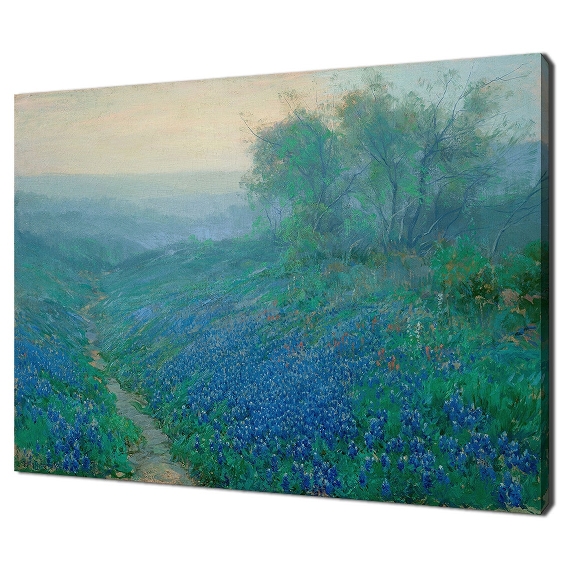 Bluebonnet Field Dawn Misty Path Texas Wildflower Impressionist Poster