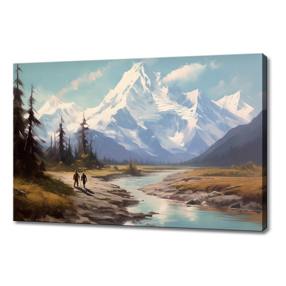 Snowy Mountains Vintage Painting Style Print Farmhouse Decor Art Neutral Nature Picture Wall Hanging Fine Art Vintage