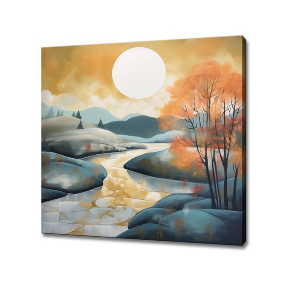 Abstract Moon Above The River Landscape Painting Style Print Large Wall Art Print Neutral Nature Picture Wall Hanging