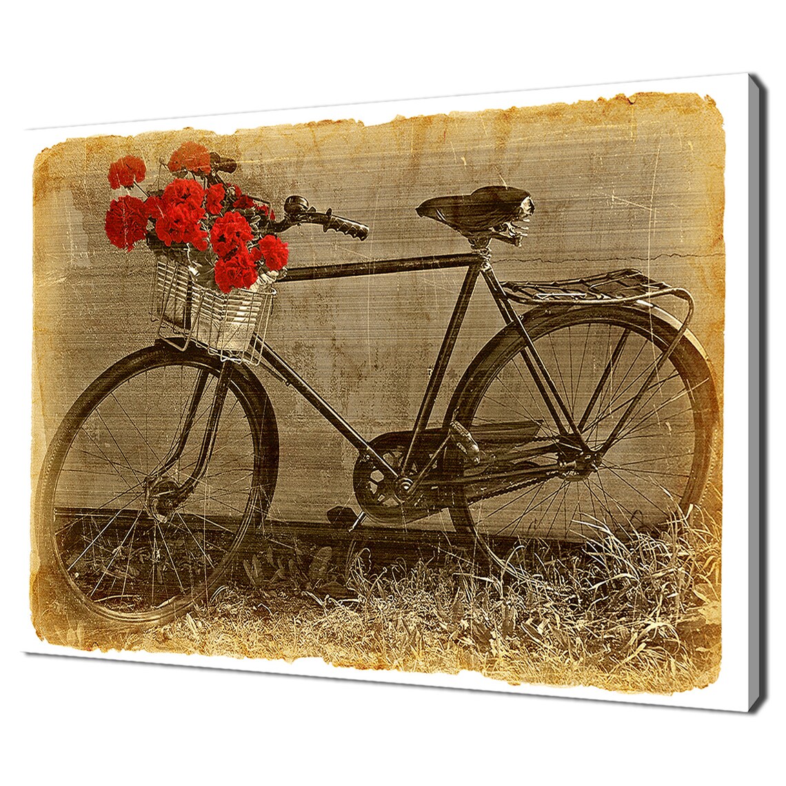 Vintage Bicycle With Red Flowers, Retro Art Print