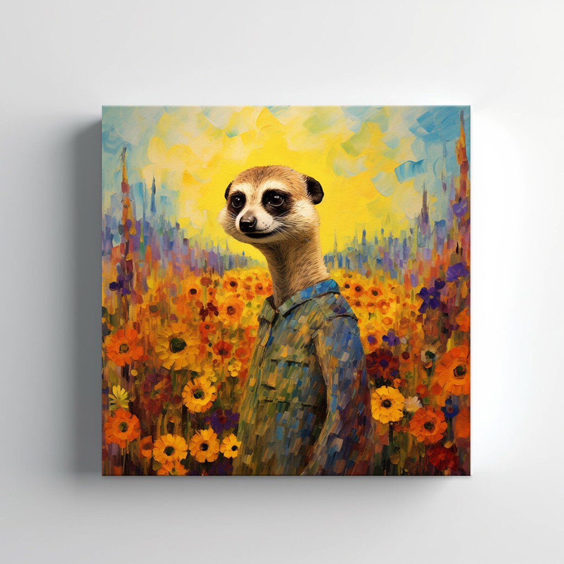 Meerkat Wearing Blue Shirt in Sunflower Field Whimsical Art Poster - Image 2