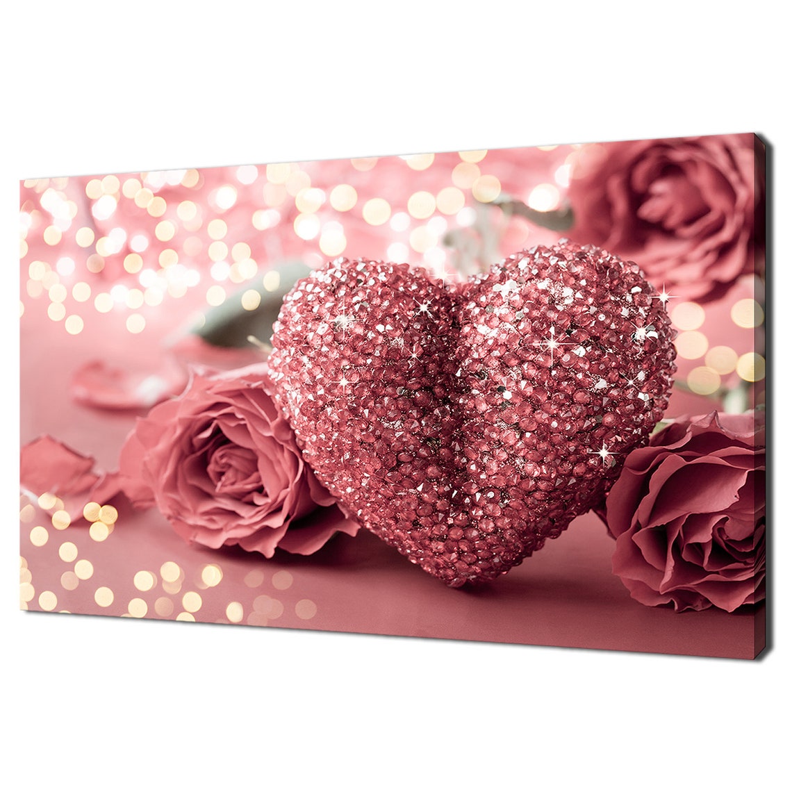 Pink Sparkling Diamond Heart With Roses Romantic Love Wall Art Print