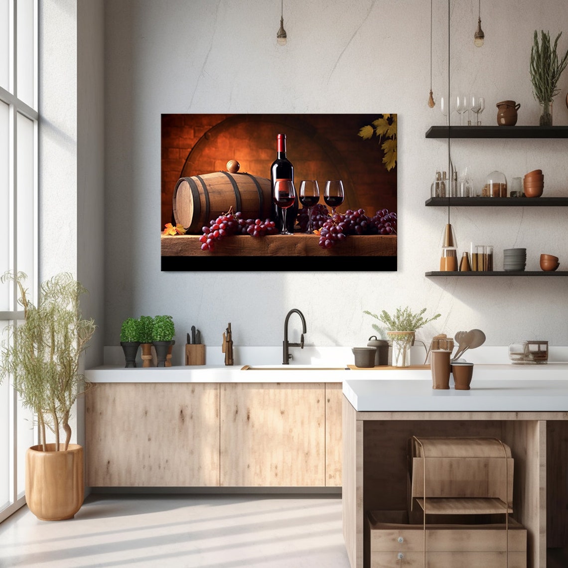 Red Wine Bottle Three Glasses Barrel And Grapes Warm Cellar Wall Art - Image 2