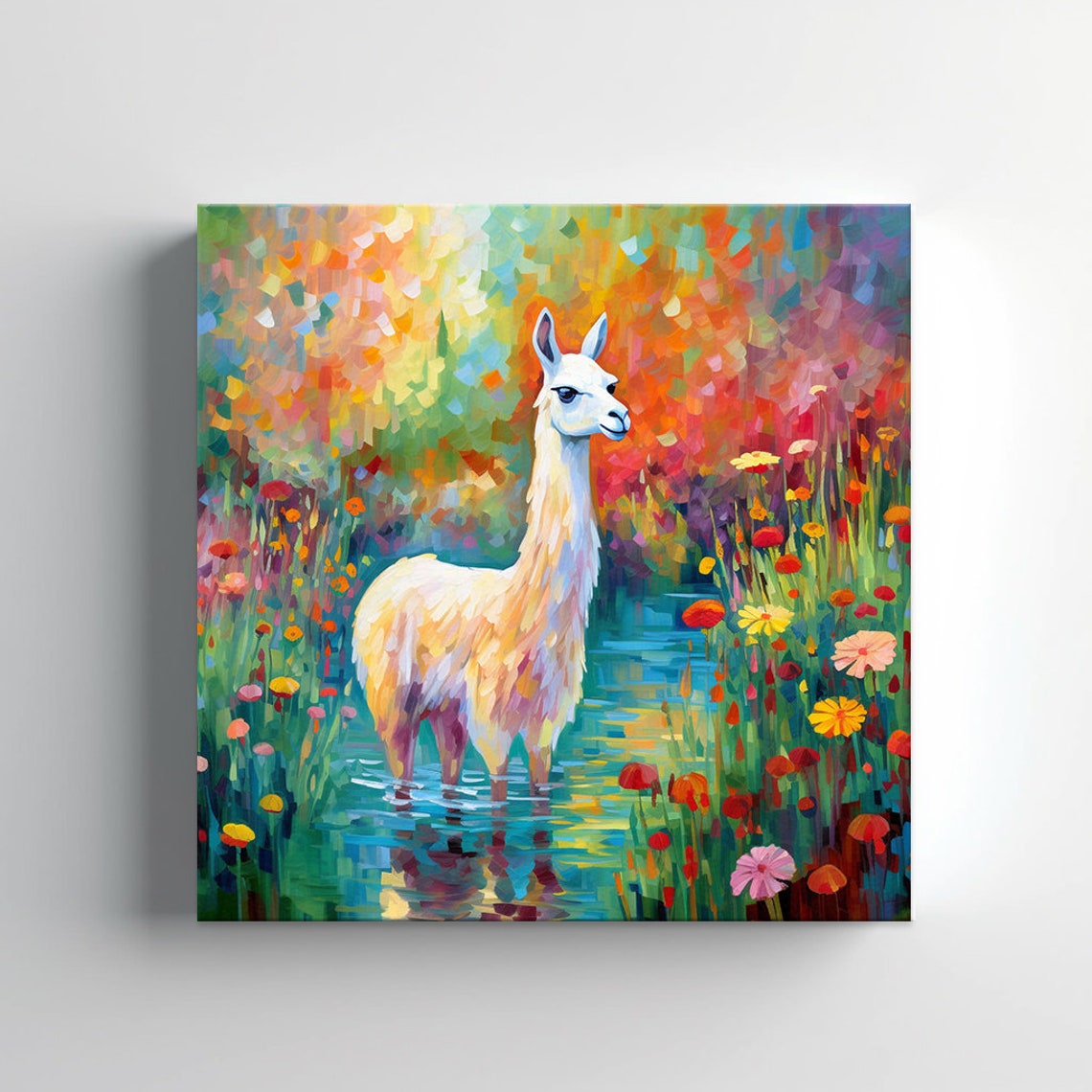 White Llama Standing in Turquoise Stream Wildflower Painting Poster - Image 3