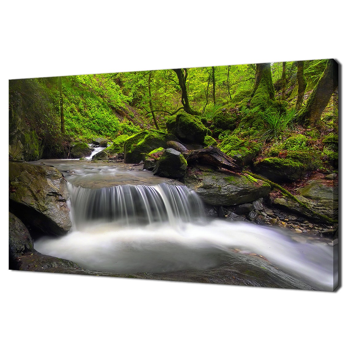 Green Forest Waterfall Long Exposure Mossy Rocks Serene Stream Poster