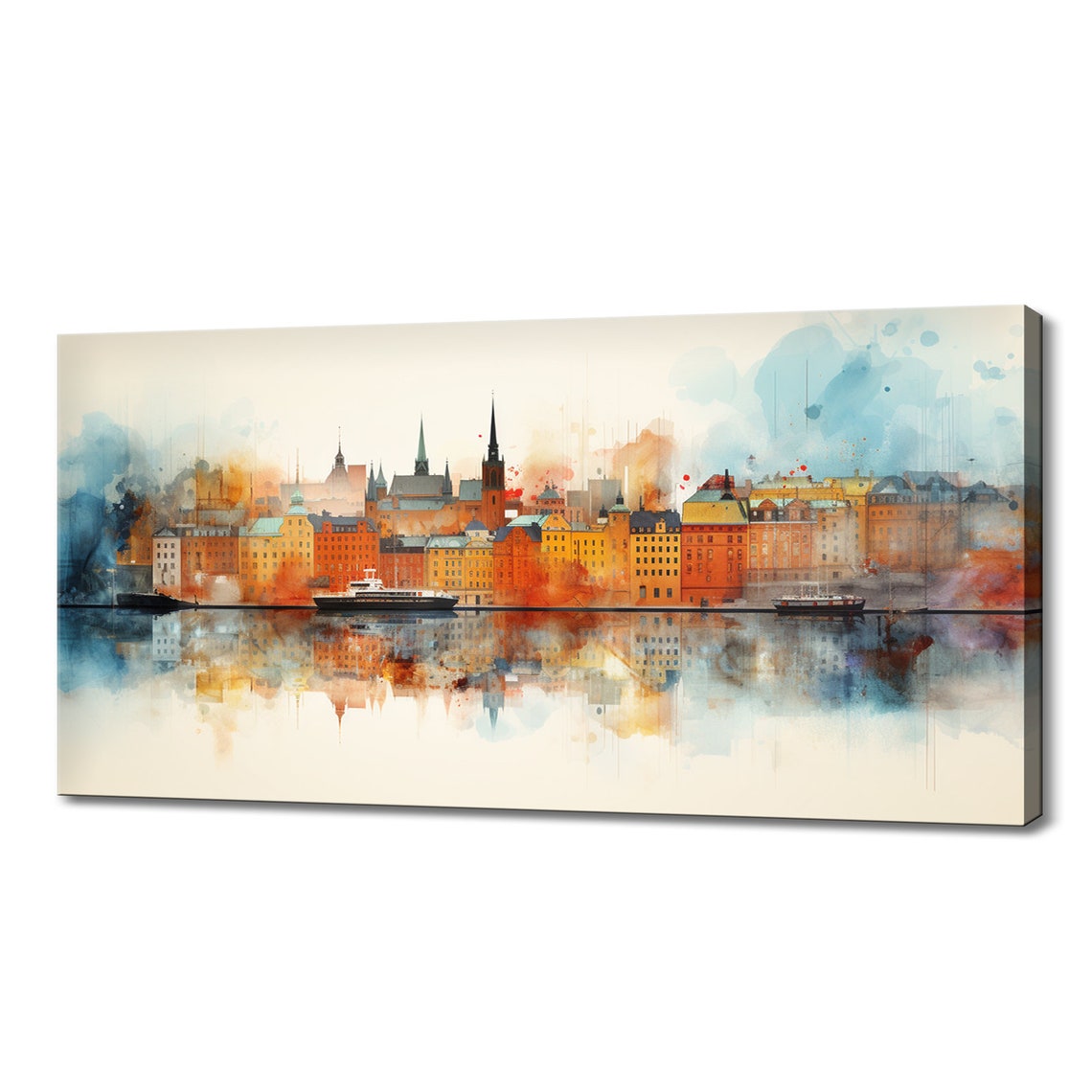 Stockholm Sweden Old Town Watercolour Harbour Reflection Travel Poster