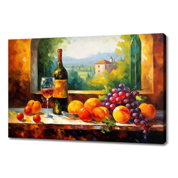 Wine Bottle Fruits Italian Villa Window Still Life Oil Painting Poster